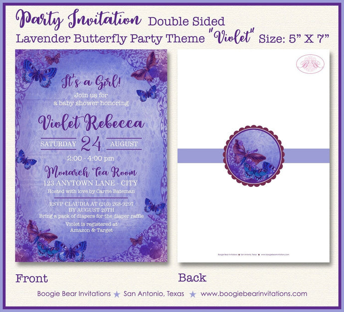 Lavender Butterfly Baby Shower Invitation Vintage Purple Birthday Party Fly Boogie Bear Invitations Violet Theme Paperless Printable Printed