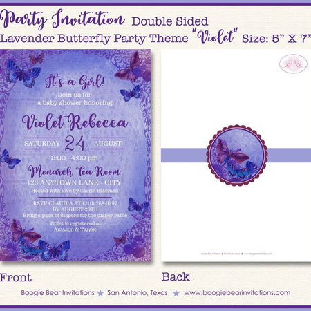 Lavender Butterfly Baby Shower Invitation Vintage Purple Birthday Party Fly Boogie Bear Invitations Violet Theme Paperless Printable Printed