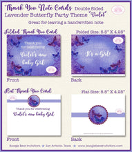 Load image into Gallery viewer, Lavender Butterfly Baby Shower Party Thank You Cards Note Vintage Purple Birthday Girl Flower Boogie Bear Invitations Violet Theme Printed