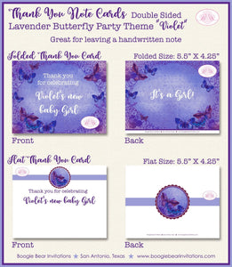 Lavender Butterfly Baby Shower Party Thank You Cards Note Vintage Purple Birthday Girl Flower Boogie Bear Invitations Violet Theme Printed