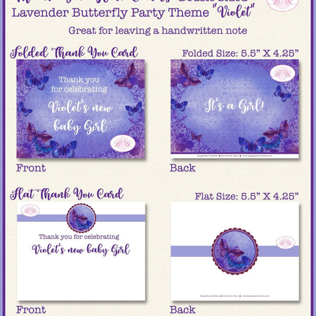 Lavender Butterfly Baby Shower Party Thank You Cards Note Vintage Purple Birthday Girl Flower Boogie Bear Invitations Violet Theme Printed