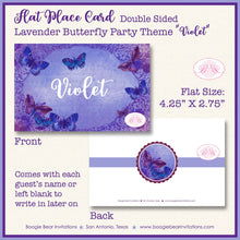 Load image into Gallery viewer, Lavender Butterfly Birthday Party Favor Card Appetizer Food Place Sign Label Vintage Purple BirthdayBoogie Bear Invitations Violet Theme