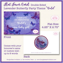Load image into Gallery viewer, Lavender Butterfly Birthday Party Favor Card Appetizer Food Place Sign Label Vintage Purple BirthdayBoogie Bear Invitations Violet Theme