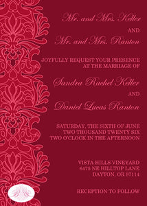Formal Damask Wedding Invitation Birthday Party Red Flower Lotus Victorian Boogie Bear Invitations Keller Theme Paperless Printable Printed