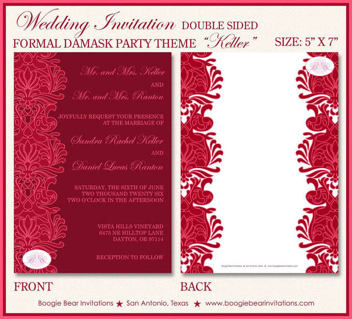 Formal Damask Wedding Invitation Birthday Party Red Flower Lotus Victorian Boogie Bear Invitations Keller Theme Paperless Printable Printed