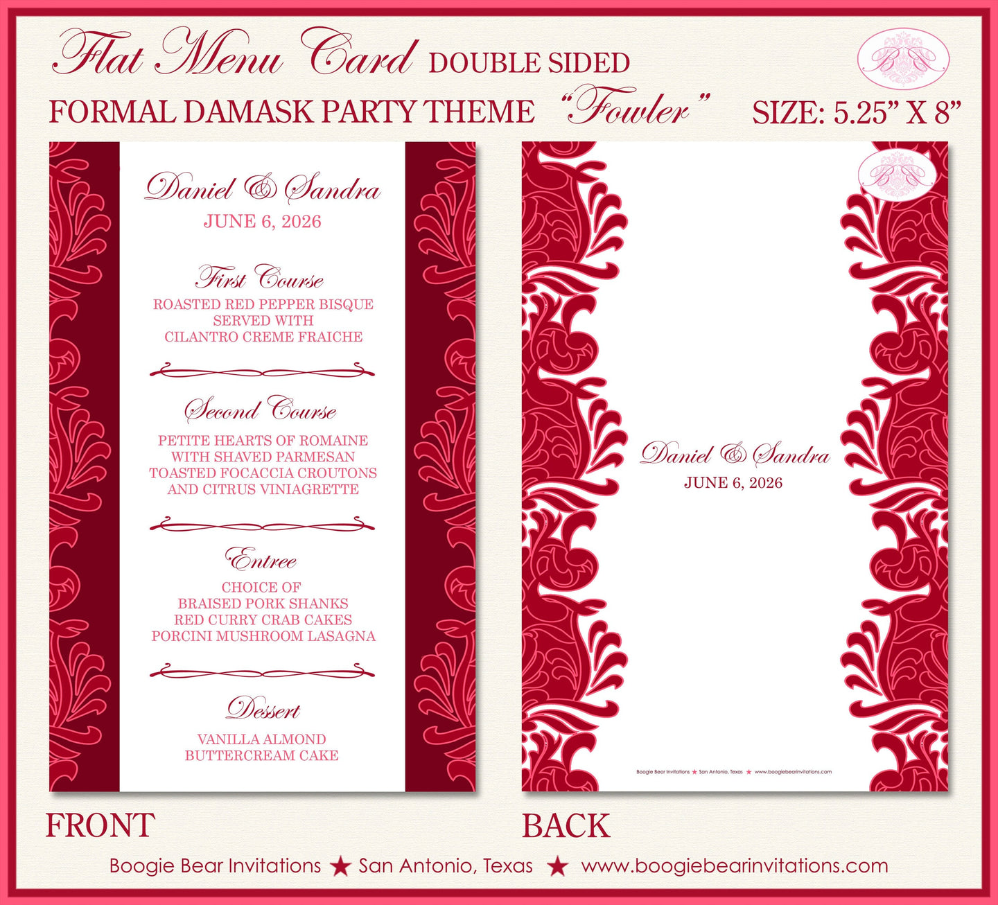 Floral Damask Wedding Menu Cards Party Food Entree Plate Dinner Red Flower Victorian Boogie Bear Invitations Keller Theme Paperless Printed