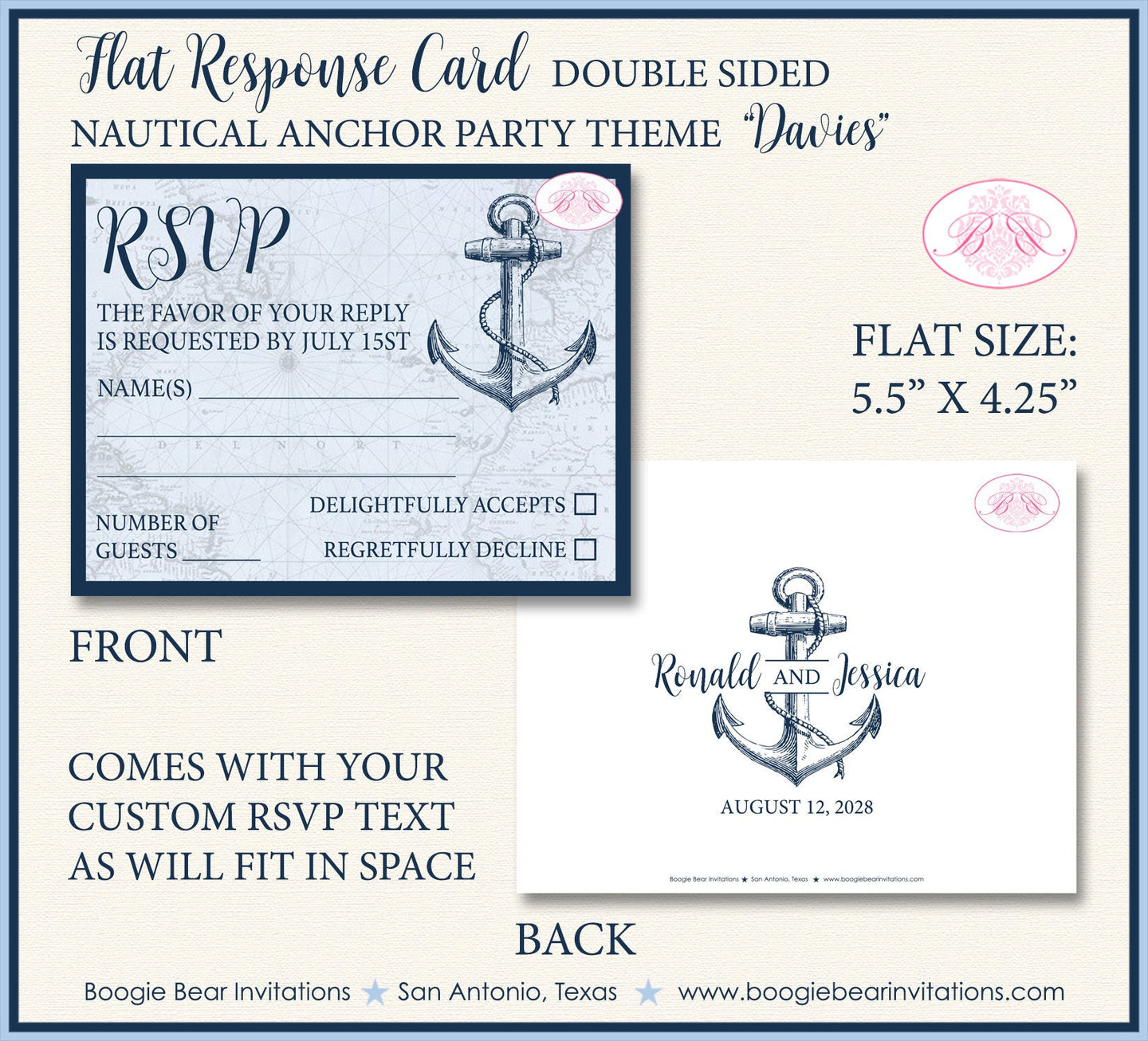 Nautical Anchor RSVP Card Birthday Party Response Reply Guest Blue Map Boating Ocean Tie Knot Boogie Bear Invitations Davies Theme Printed