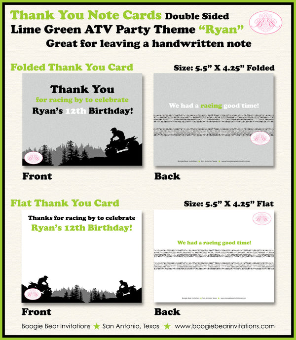 ATV Birthday Party Thank You Card Birthday Boy Lime Green All Terrain Vehicle Quad 4 Wheeler Race Boogie Bear Invitations Ryan Theme Printed