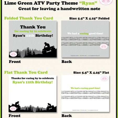 ATV Birthday Party Thank You Card Birthday Boy Lime Green All Terrain Vehicle Quad 4 Wheeler Race Boogie Bear Invitations Ryan Theme Printed