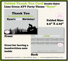 Load image into Gallery viewer, ATV Birthday Party Thank You Card Birthday Boy Lime Green All Terrain Vehicle Quad 4 Wheeler Race Boogie Bear Invitations Ryan Theme Printed