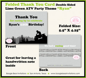 ATV Birthday Party Thank You Card Birthday Boy Lime Green All Terrain Vehicle Quad 4 Wheeler Race Boogie Bear Invitations Ryan Theme Printed