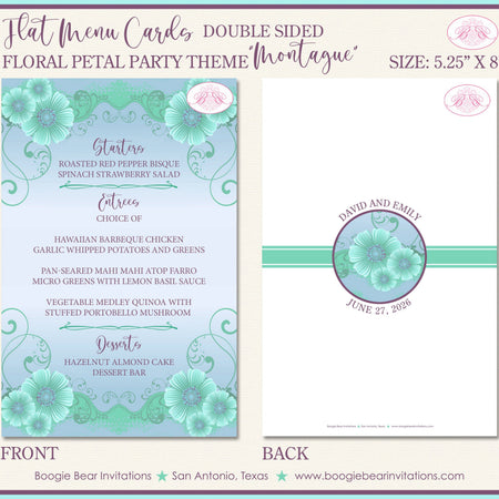 Purple Green Flowers Wedding Menu Cards Party Food Entree Plate Dinner Floral Petal Boogie Bear Invitations Montague Theme Paperless Printed