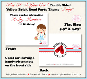 Wizard of Oz Birthday Party Thank You Note Card Dorothy Red Blue Girl Yellow Brick Road Poppies Boogie Bear Invitations Ruby Theme Printed