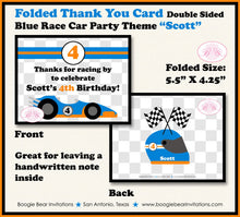 Load image into Gallery viewer, Race Car Driver Party Thank You Card Birthday Teen Checkered Flag Orange Blue Race Racing Track Boogie Bear Invitations Scott Theme Printed