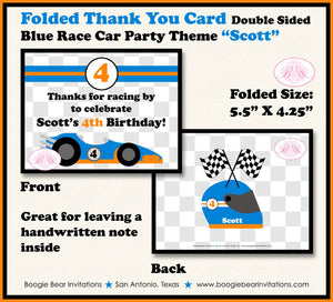 Race Car Driver Party Thank You Card Birthday Teen Checkered Flag Orange Blue Race Racing Track Boogie Bear Invitations Scott Theme Printed