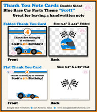 Load image into Gallery viewer, Race Car Driver Party Thank You Card Birthday Teen Checkered Flag Orange Blue Race Racing Track Boogie Bear Invitations Scott Theme Printed