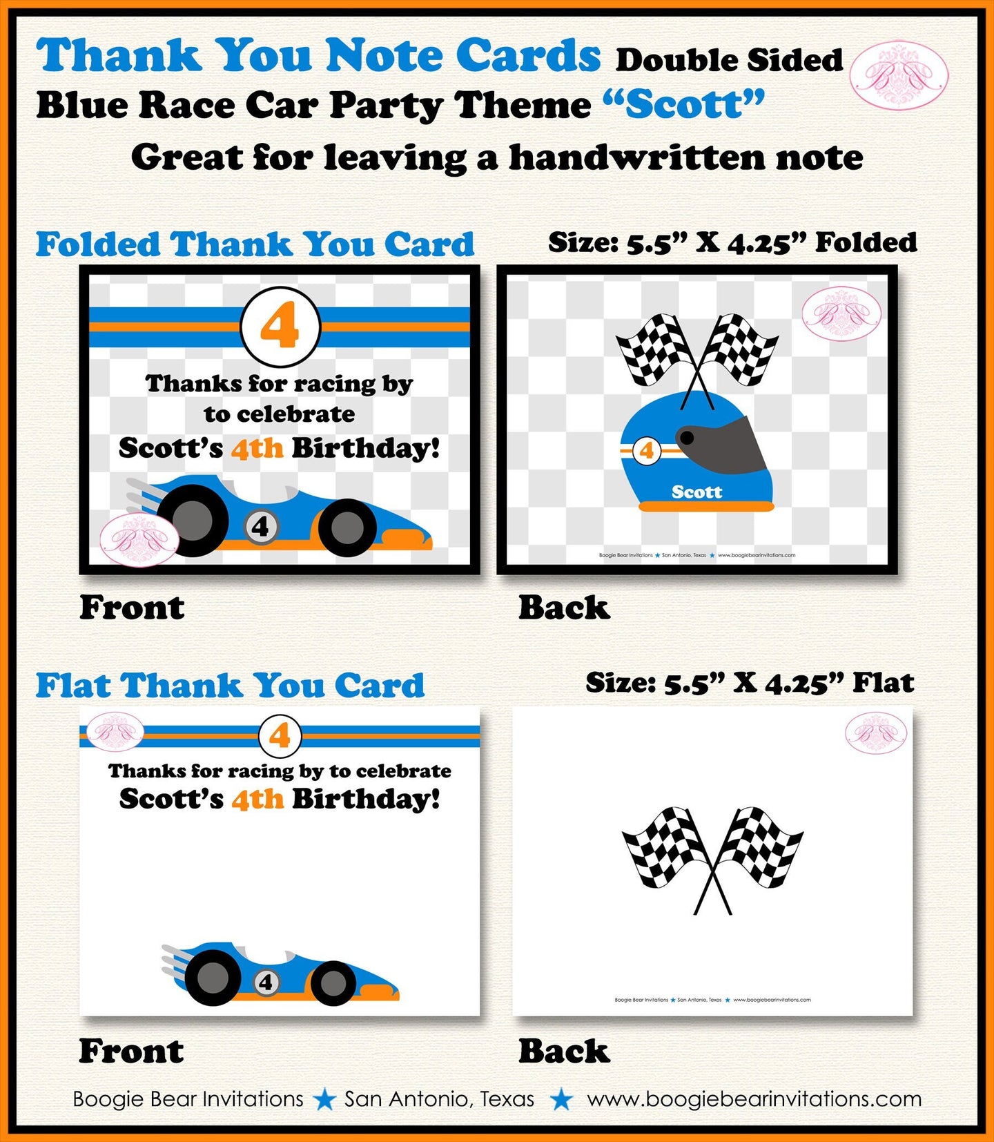 Race Car Driver Party Thank You Card Birthday Teen Checkered Flag Orange Blue Race Racing Track Boogie Bear Invitations Scott Theme Printed