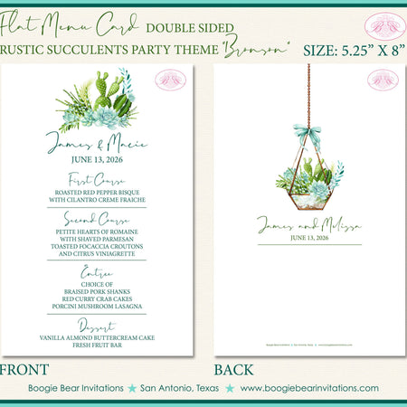 Rustic Succulents Wedding Menu Cards Party Food Entree Plate Dinner Desert Cactus Boogie Bear Invitations Bronson Theme Paperless Printed