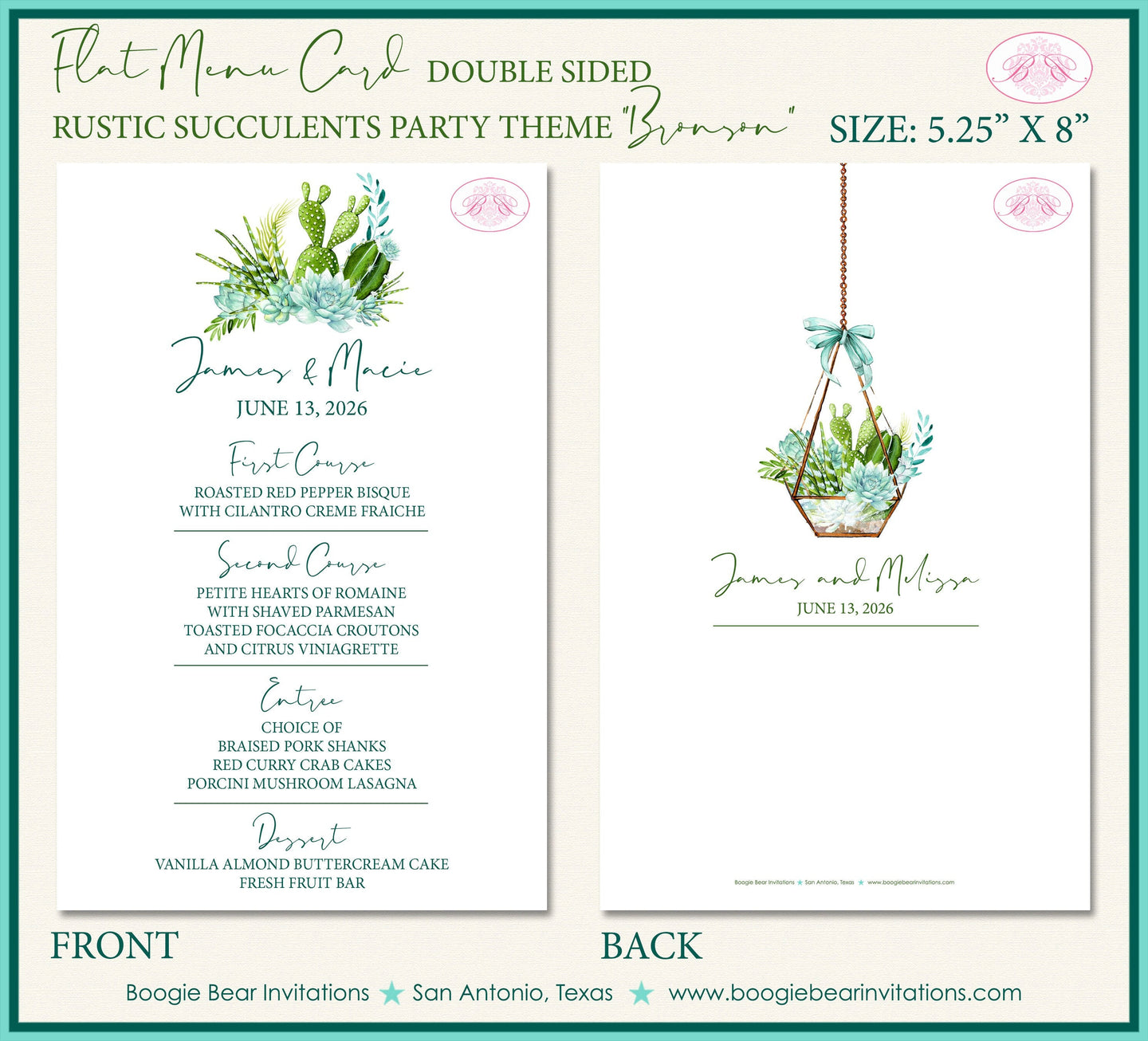 Rustic Succulents Wedding Menu Cards Party Food Entree Plate Dinner Desert Cactus Boogie Bear Invitations Bronson Theme Paperless Printed