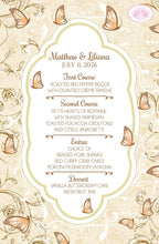 Load image into Gallery viewer, Vintage Butterfly Wedding Menu Cards Party Food Entree Plate Dinner Garden Spring Boogie Bear Invitations McCain Theme Paperless Printed