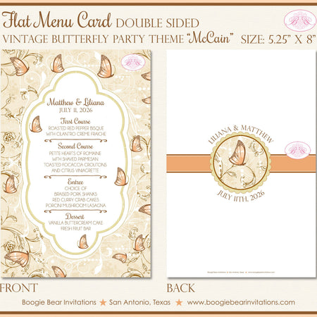 Vintage Butterfly Wedding Menu Cards Party Food Entree Plate Dinner Garden Spring Boogie Bear Invitations McCain Theme Paperless Printed