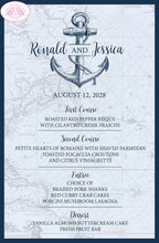 Load image into Gallery viewer, Nautical Anchor Wedding Menu Cards Party Food Entree Plate Dinner Blue Map Tie Knot Boogie Bear Invitations Davies Theme Paperless Printed