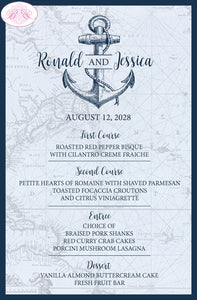 Nautical Anchor Wedding Menu Cards Party Food Entree Plate Dinner Blue Map Tie Knot Boogie Bear Invitations Davies Theme Paperless Printed