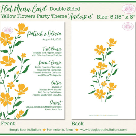 Yellow Flowers Wedding Menu Cards Party Food Entree Plate Dinner Green Garden Grow Boogie Bear Invitations Anderson Theme Paperless Printed