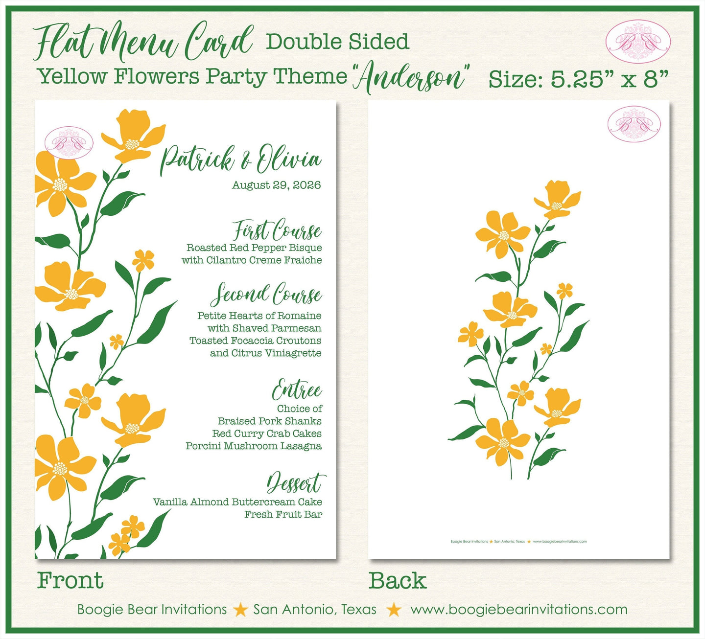 Yellow Flowers Wedding Menu Cards Party Food Entree Plate Dinner Green Garden Grow Boogie Bear Invitations Anderson Theme Paperless Printed