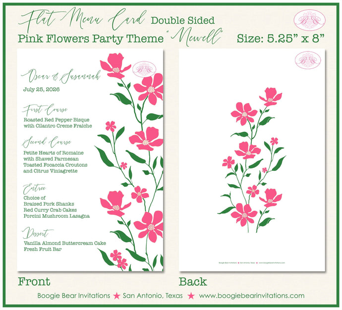 Pink Flowers Wedding Menu Cards Party Food Entree Plate Dinner Green Garden Grow Boogie Bear Invitations Newell Theme Paperless Printed