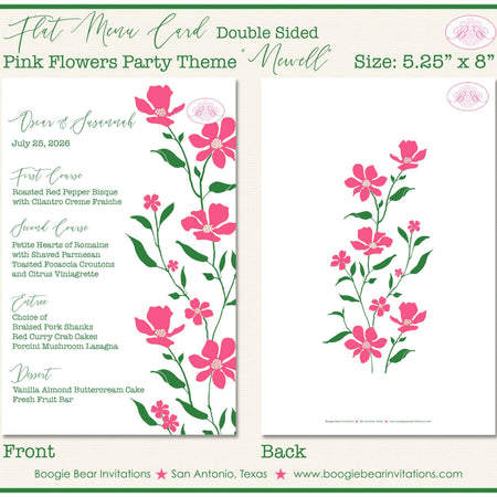 Pink Flowers Wedding Menu Cards Party Food Entree Plate Dinner Green Garden Grow Boogie Bear Invitations Newell Theme Paperless Printed