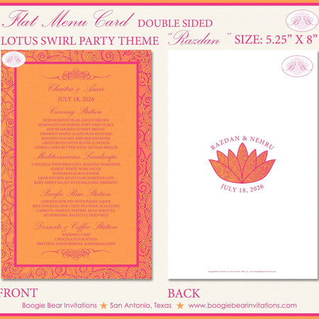 Lotus Swirl Wedding Menu Cards Party Food Entree Plate Dinner Flower Pink Orange Boogie Bear Invitations Razdan Theme Paperless Printed