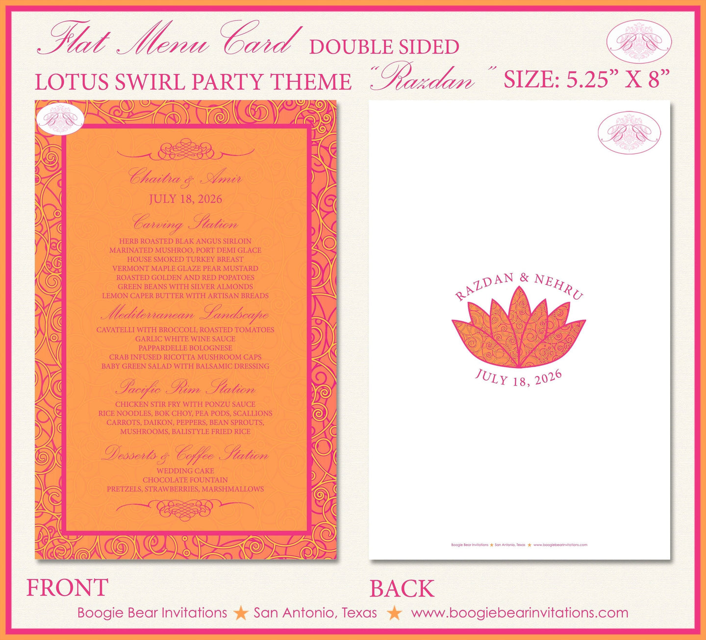 Lotus Swirl Wedding Menu Cards Party Food Entree Plate Dinner Flower Pink Orange Boogie Bear Invitations Razdan Theme Paperless Printed