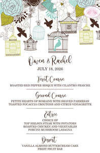 Garden Birds Wedding Menu Cards Party Food Entree Plate Dinner Woodland Birdcage Cage Boogie Bear Invitations Harper Theme Paperless Printed