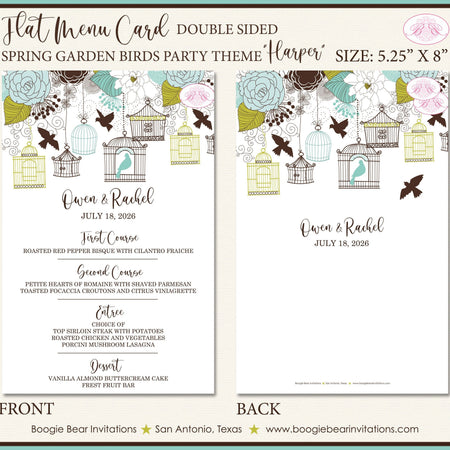 Garden Birds Wedding Menu Cards Party Food Entree Plate Dinner Woodland Birdcage Cage Boogie Bear Invitations Harper Theme Paperless Printed