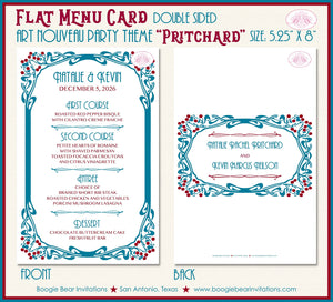 Art Nouveau Wedding Menu Cards Party Food Entree Plate Dinner Red Blue Tree Retro Boogie Bear Invitations Pritchard Theme Paperless Printed