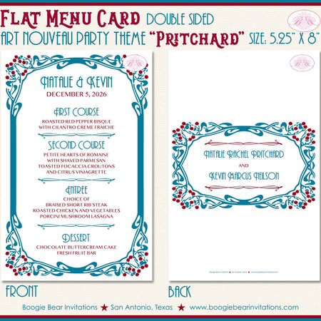 Art Nouveau Wedding Menu Cards Party Food Entree Plate Dinner Red Blue Tree Retro Boogie Bear Invitations Pritchard Theme Paperless Printed