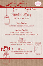 Load image into Gallery viewer, Mason Jars Wedding Menu Cards Party Food Entree Plate Dinner Country Red Burlap Farm Boogie Bear Invitations Murphy Theme Paperless Printed