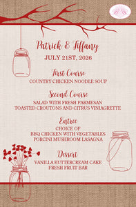 Mason Jars Wedding Menu Cards Party Food Entree Plate Dinner Country Red Burlap Farm Boogie Bear Invitations Murphy Theme Paperless Printed