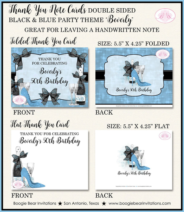 Black Blue Party Thank You Cards Birthday Note Champagne High Heel Fashion Chic Fashionista Boogie Bear Invitations Beverly Theme Printed