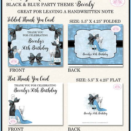 Black Blue Party Thank You Cards Birthday Note Champagne High Heel Fashion Chic Fashionista Boogie Bear Invitations Beverly Theme Printed
