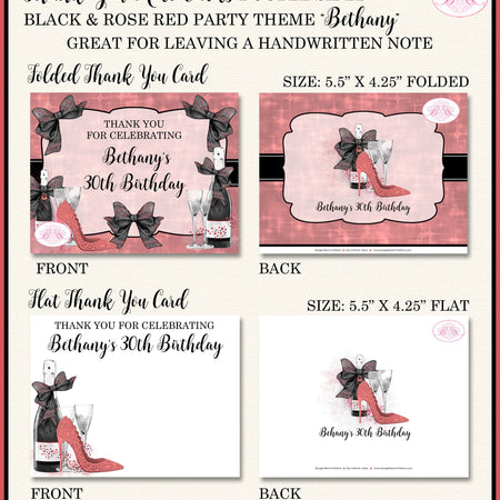 Pink Rose Gold Party Thank You Cards Birthday Note Champagne Red Black High Heels Fashion Chic Boogie Bear Invitations Bethany Theme Printed