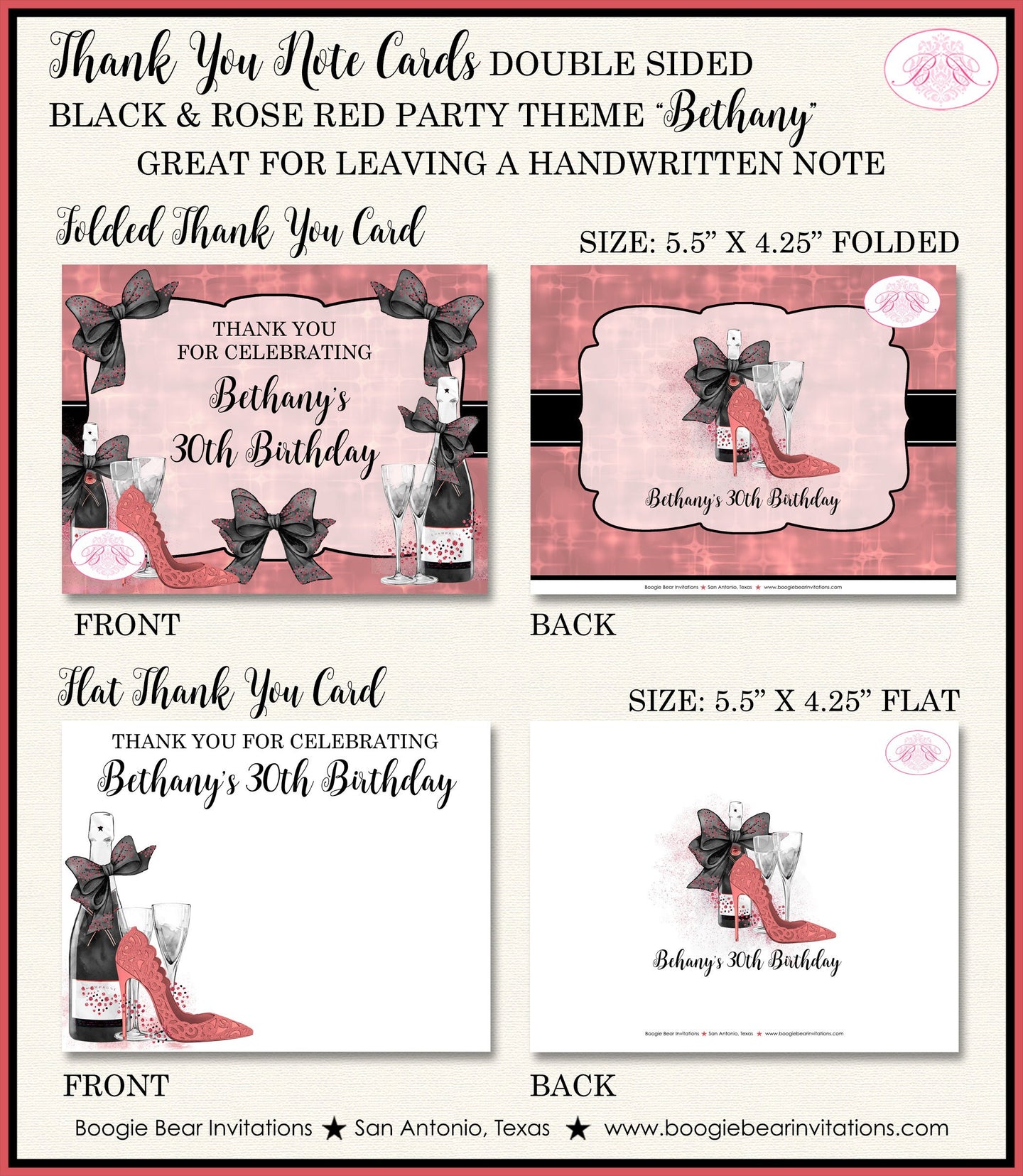 Pink Rose Gold Party Thank You Cards Birthday Note Champagne Red Black High Heels Fashion Chic Boogie Bear Invitations Bethany Theme Printed