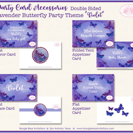 Lavender Butterfly Birthday Party Favor Card Appetizer Food Place Sign Label Vintage Purple BirthdayBoogie Bear Invitations Violet Theme