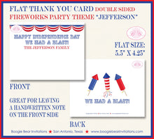 Load image into Gallery viewer, 4th of July Party Thank You Card Birthday Favor Note Fireworks Red White Blue United States Boogie Bear Invitations Jefferson Theme Printed