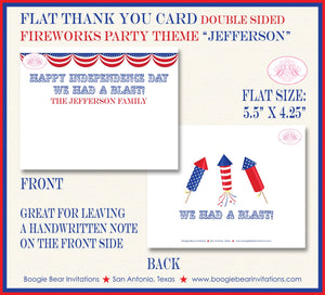 4th of July Party Thank You Card Birthday Favor Note Fireworks Red White Blue United States Boogie Bear Invitations Jefferson Theme Printed