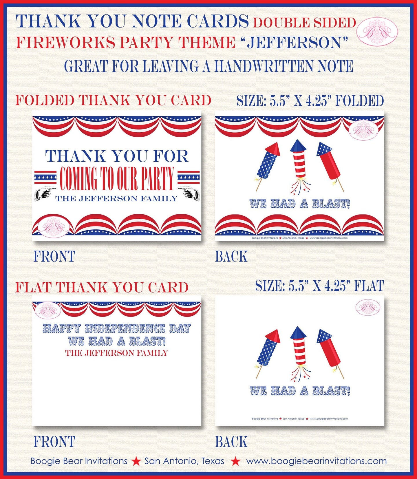 4th of July Party Thank You Card Birthday Favor Note Fireworks Red White Blue United States Boogie Bear Invitations Jefferson Theme Printed