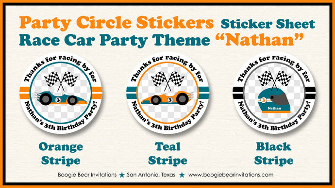 Race Car Birthday Party Circle Stickers Sheet Round Boy Girl Orange Teal Green Black Racing Grand Prix Boogie Bear Invitations Nathan Theme