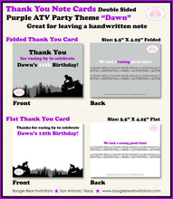 Load image into Gallery viewer, Purple ATV Birthday Party Thank You Card Girl Grey Black All Terrain Vehicle Quad 4 Wheeler Race Boogie Bear Invitations Dawn Theme Printed