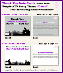 Purple ATV Birthday Party Thank You Card Girl Grey Black All Terrain Vehicle Quad 4 Wheeler Race Boogie Bear Invitations Dawn Theme Printed